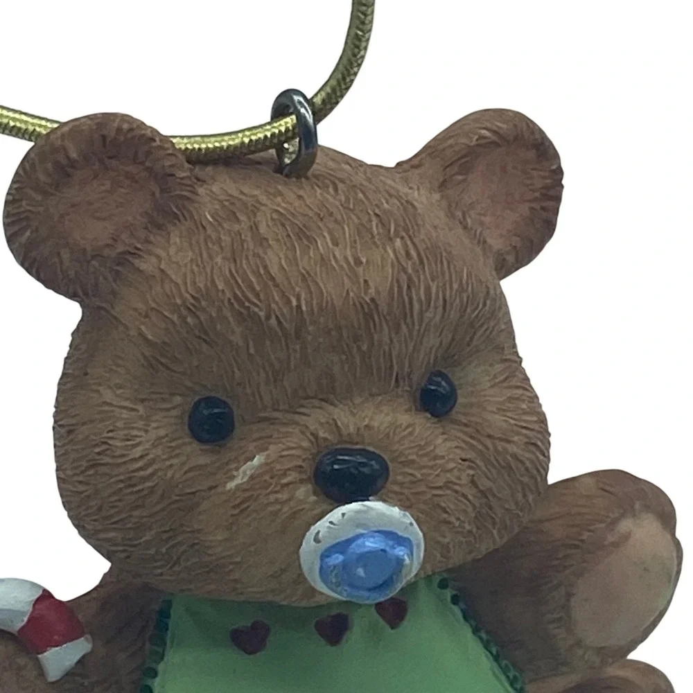 Vintage 1995 Hallmark‎ Baby Bear Ornament Green Bib Candy Cane Pacifier Resin